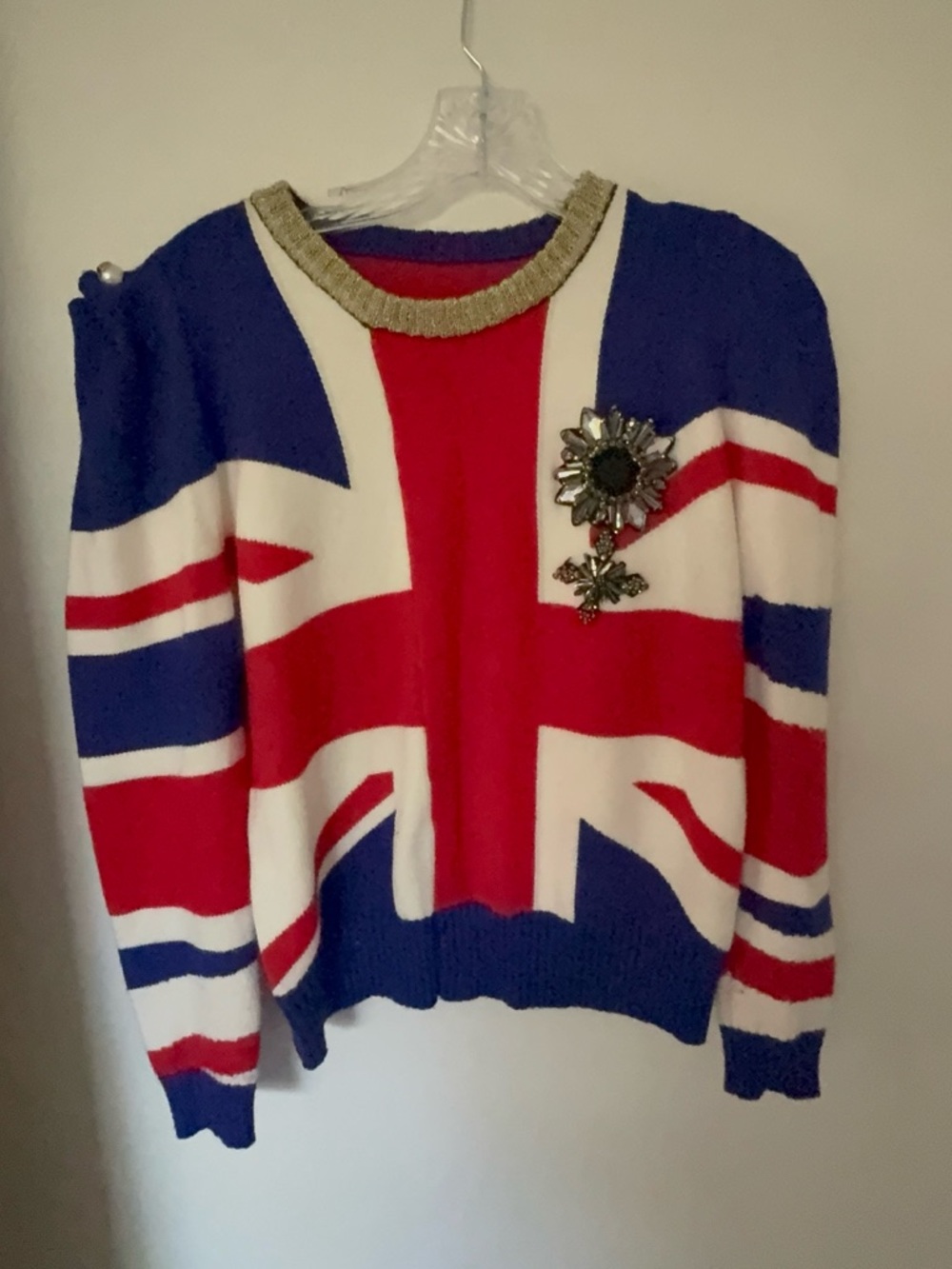 Union Jack Knit Sweater with Embellished Brooch - Blue/Red/White